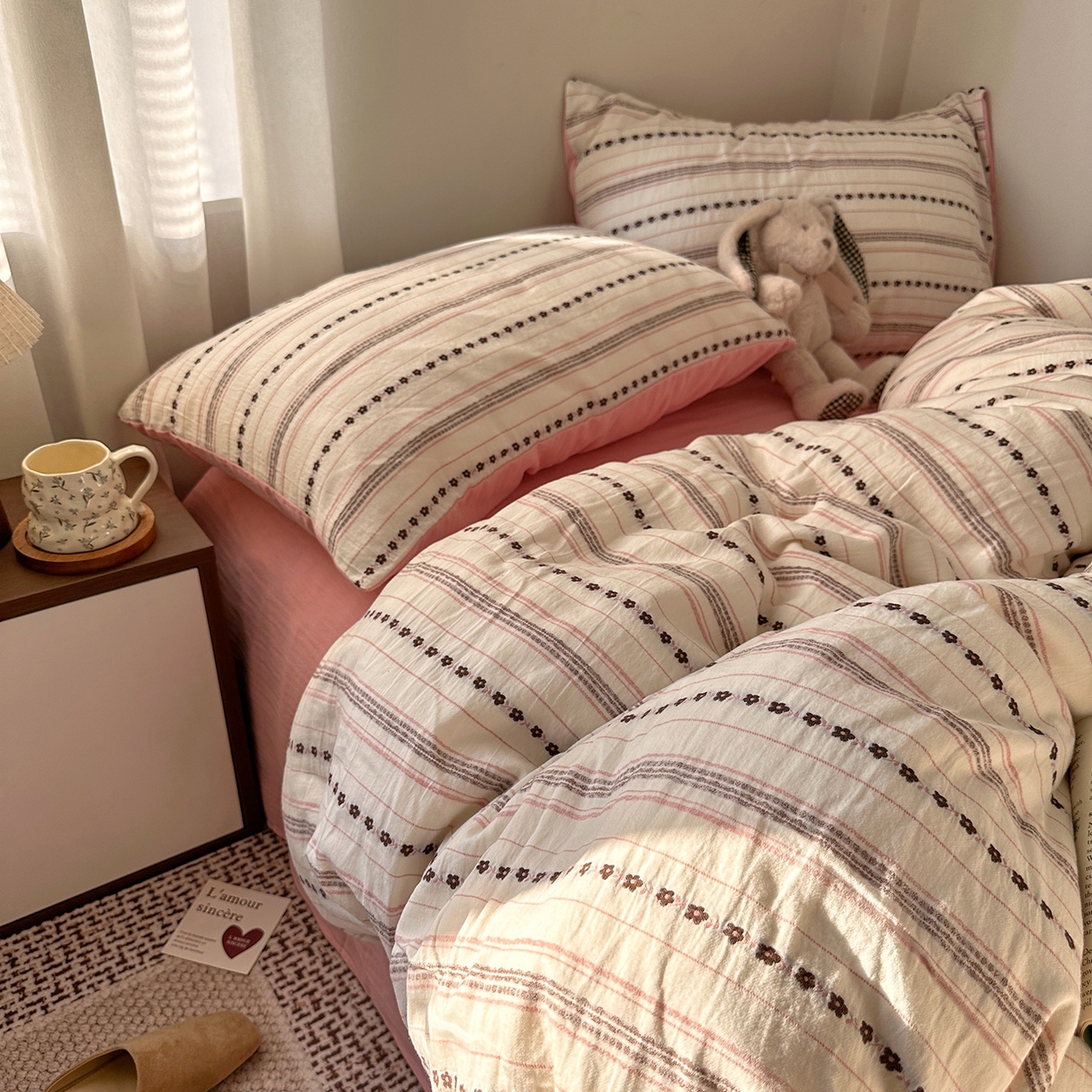 91家纺网 家纺一手货源 找家纺 艾咪-Amy ntmy 2026新款全棉纯棉色织提花人字纹四件套-花织 花织-粉