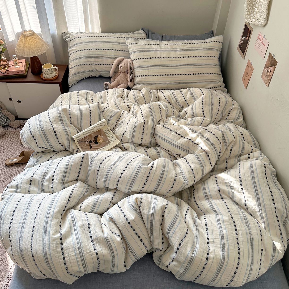 艾咪-Amy ntmy 2026新款全棉纯棉色织提花人字纹四件套-花织 花织-蓝