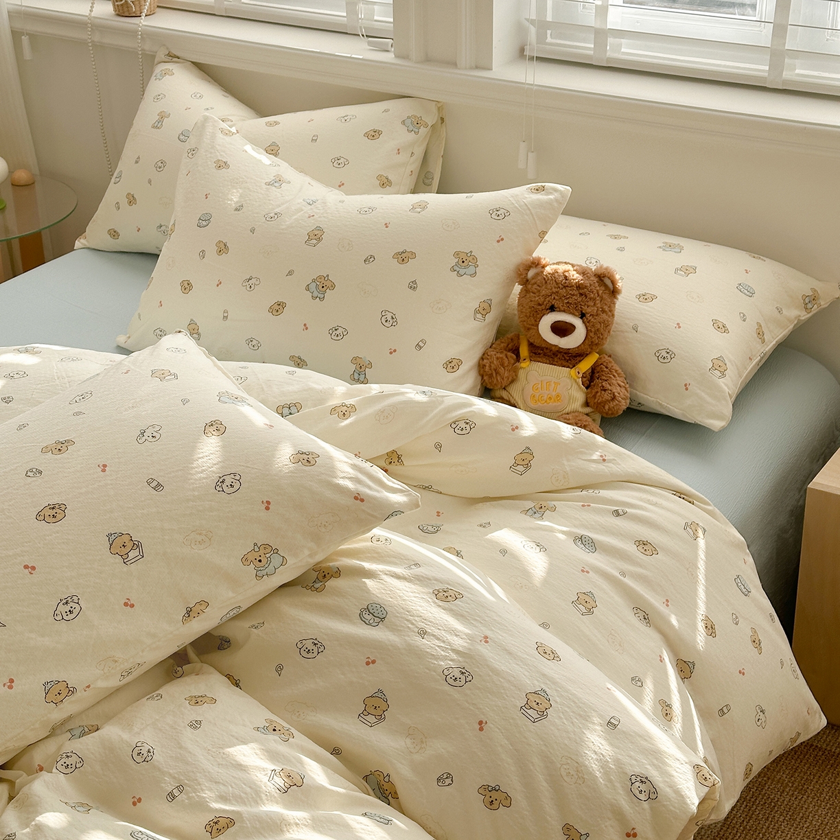 91家纺网 家纺一手货源 找家纺 多品家纺 2026新款奶呼呼超柔云感双层纱系列四件套 小橘狗