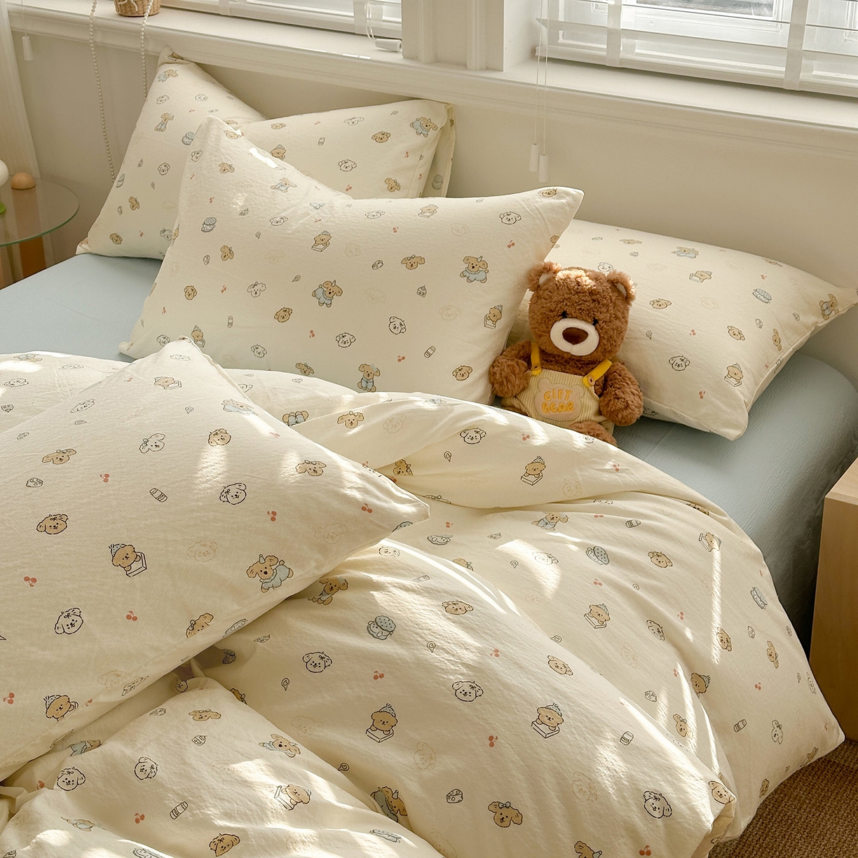 91家纺网 家纺一手货源 找家纺 多品家纺 2026新款奶呼呼超柔云感双层纱系列四件套 小橘狗