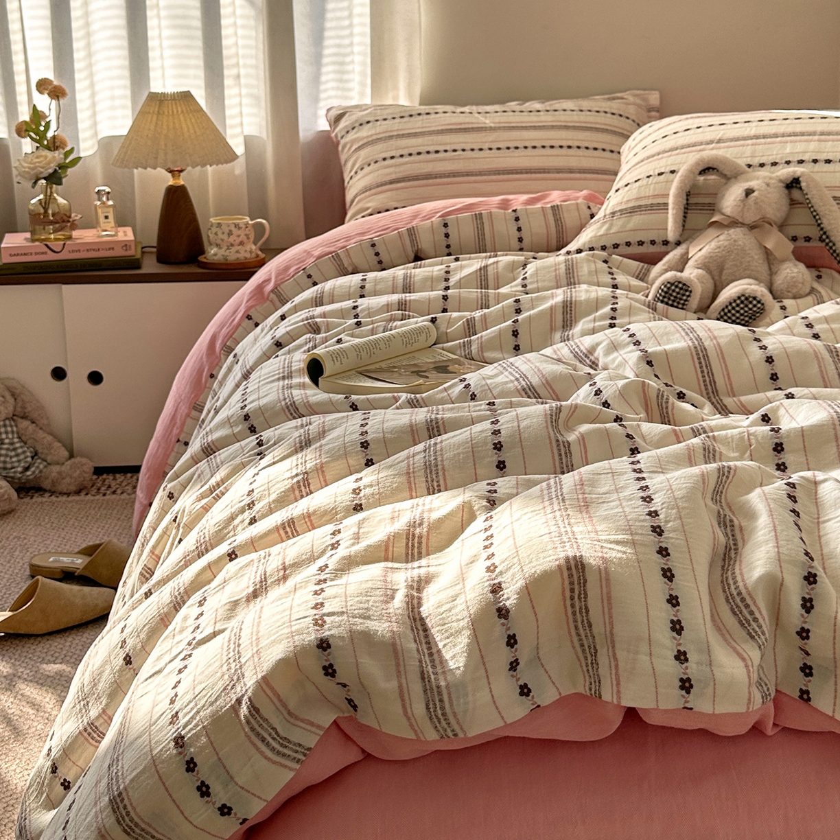 91家纺网 家纺一手货源 找家纺 艾咪-Amy ntmy 2026新款全棉纯棉色织提花人字纹四件套-花织 花织-粉