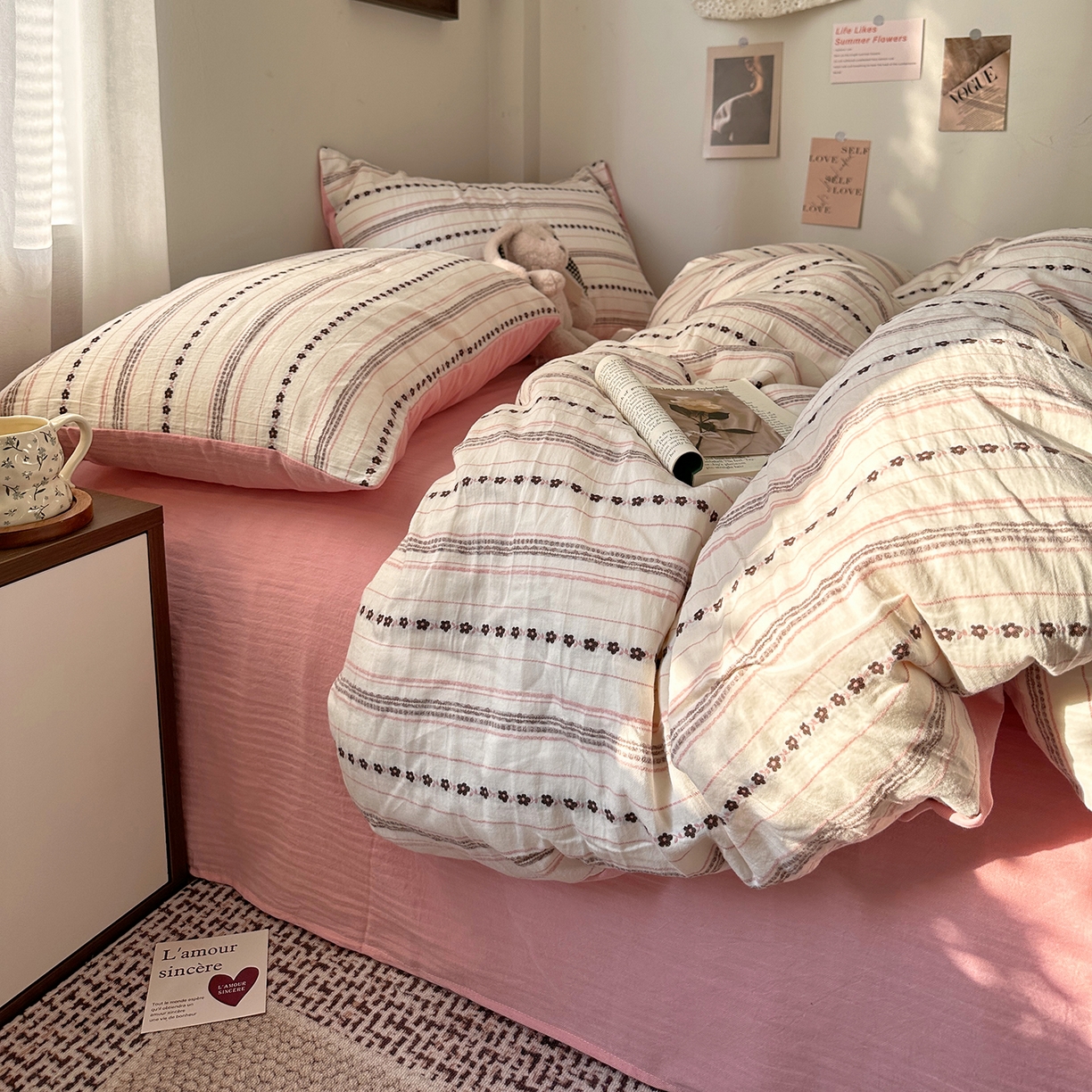 91家纺网 家纺一手货源 找家纺 艾咪-Amy ntmy 2026新款全棉纯棉色织提花人字纹四件套-花织 花织-粉