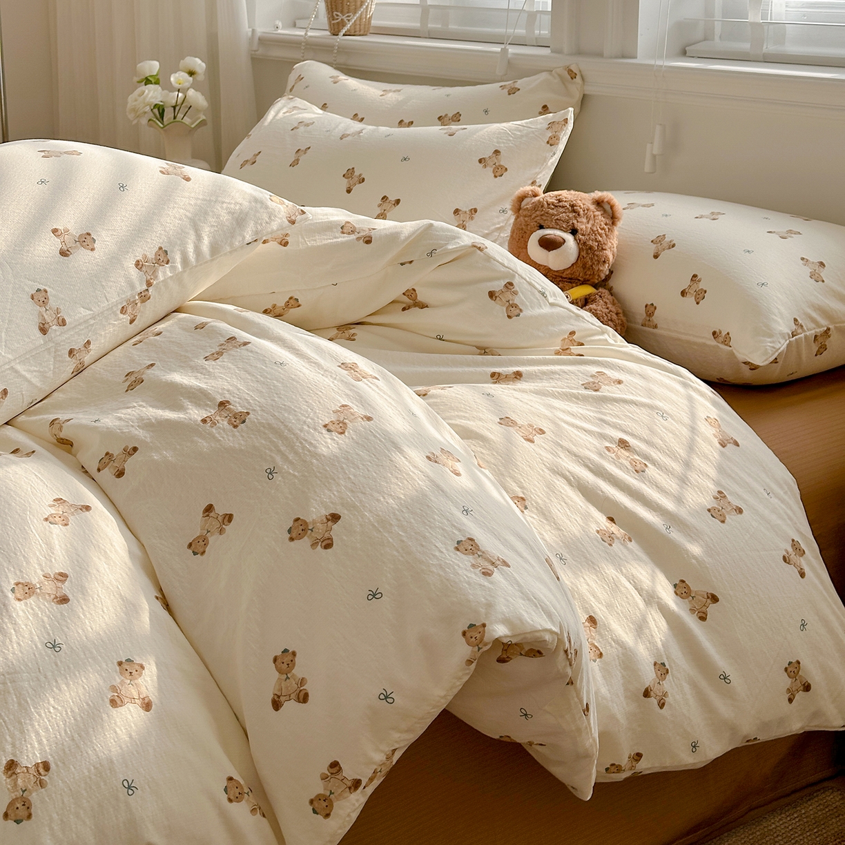 91家纺网 家纺一手货源 找家纺 多品家纺 2026新款奶呼呼超柔云感双层纱系列四件套 熊多多