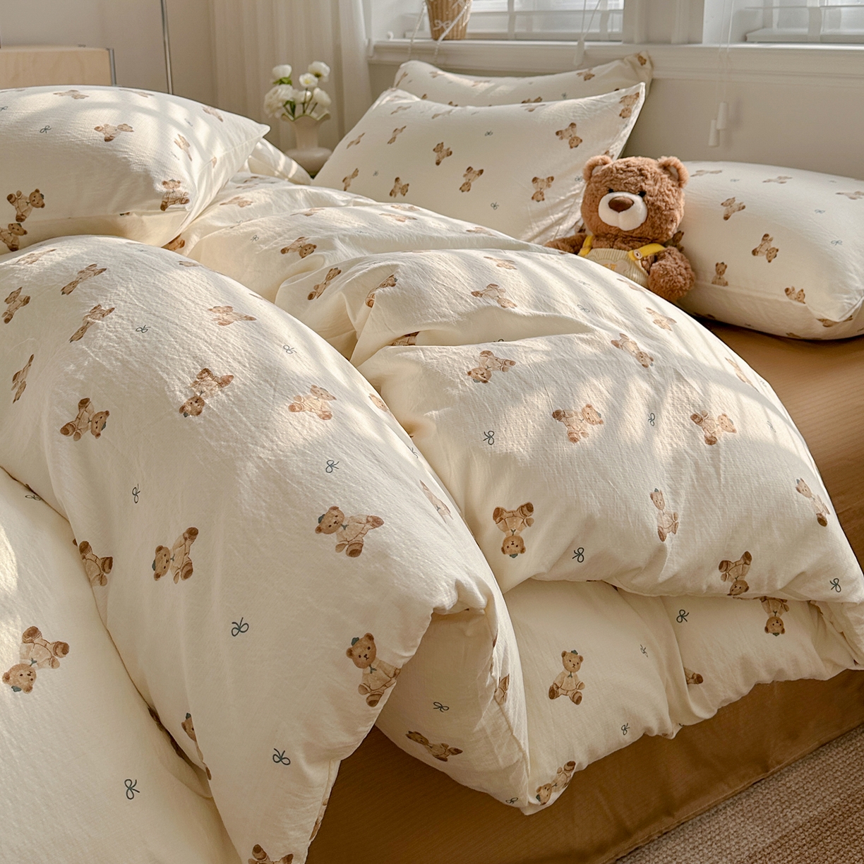 91家纺网 家纺一手货源 找家纺 多品家纺 2026新款奶呼呼超柔云感双层纱系列四件套 熊多多