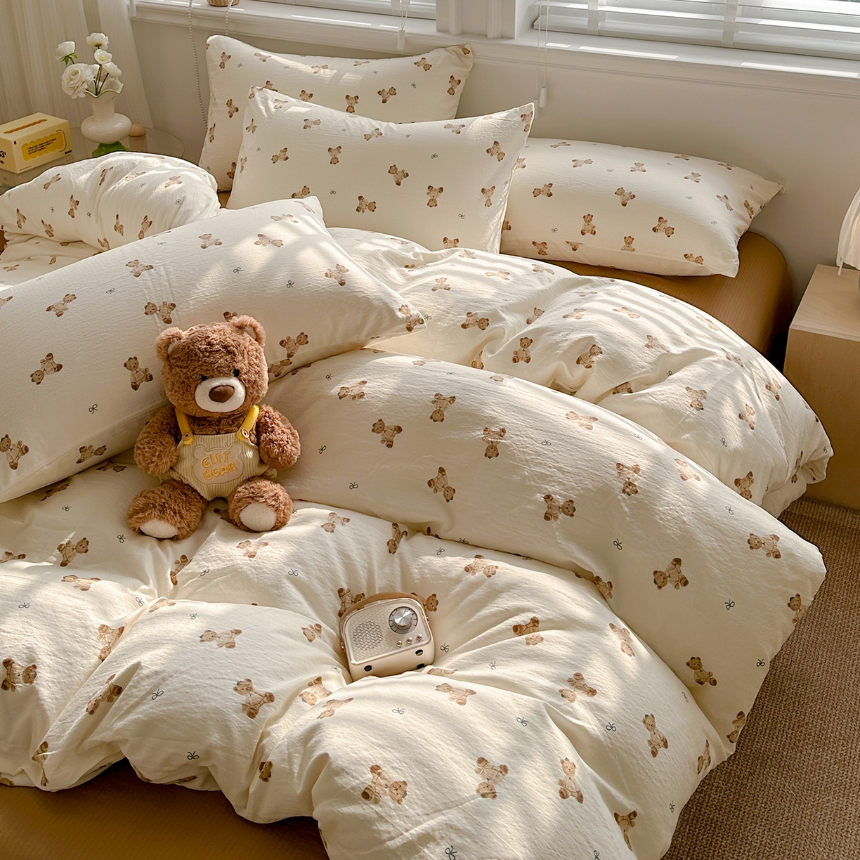 91家纺网 家纺一手货源 找家纺 多品家纺 2026新款奶呼呼超柔云感双层纱系列四件套 熊多多