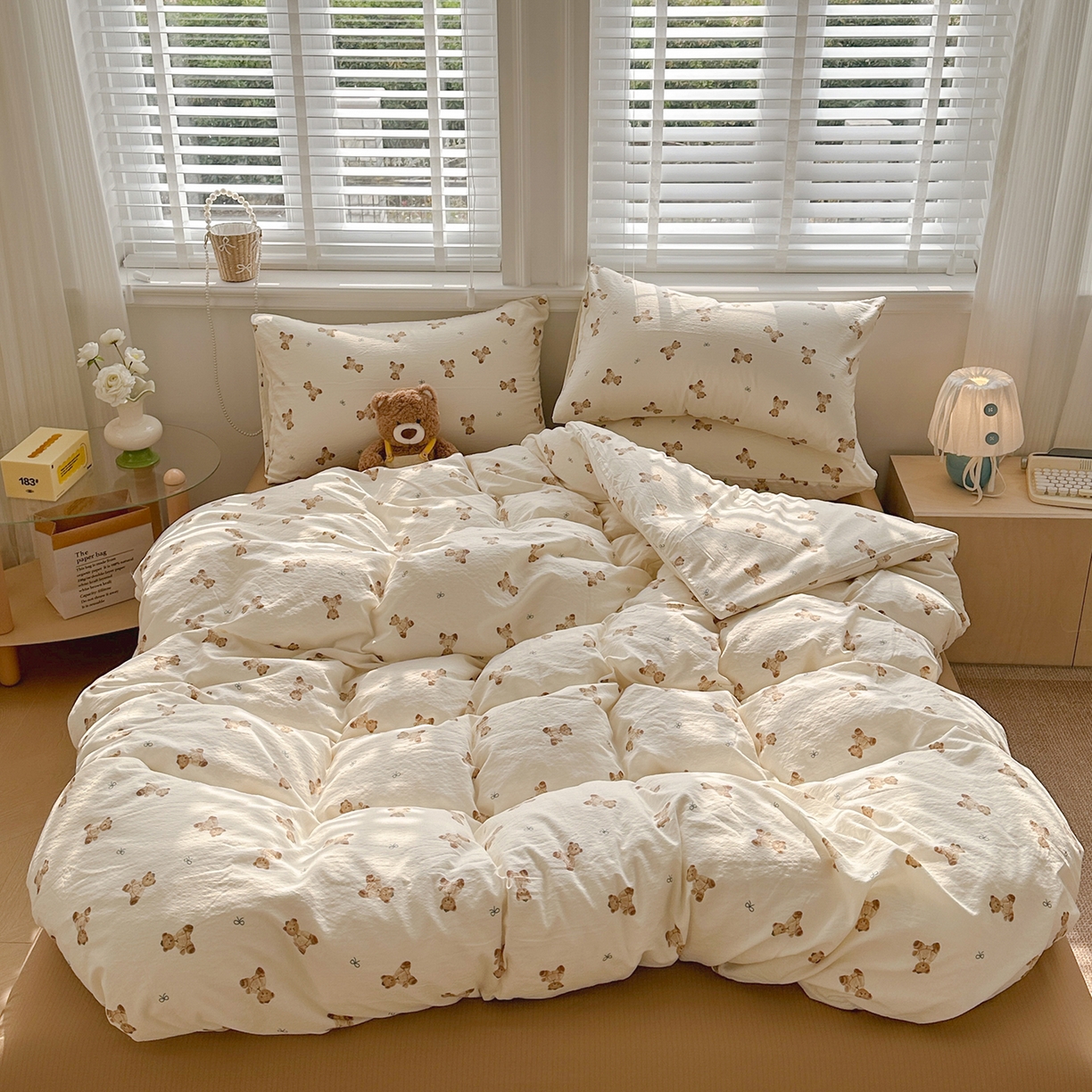 91家纺网 家纺一手货源 找家纺 多品家纺 2026新款奶呼呼超柔云感双层纱系列四件套 熊多多