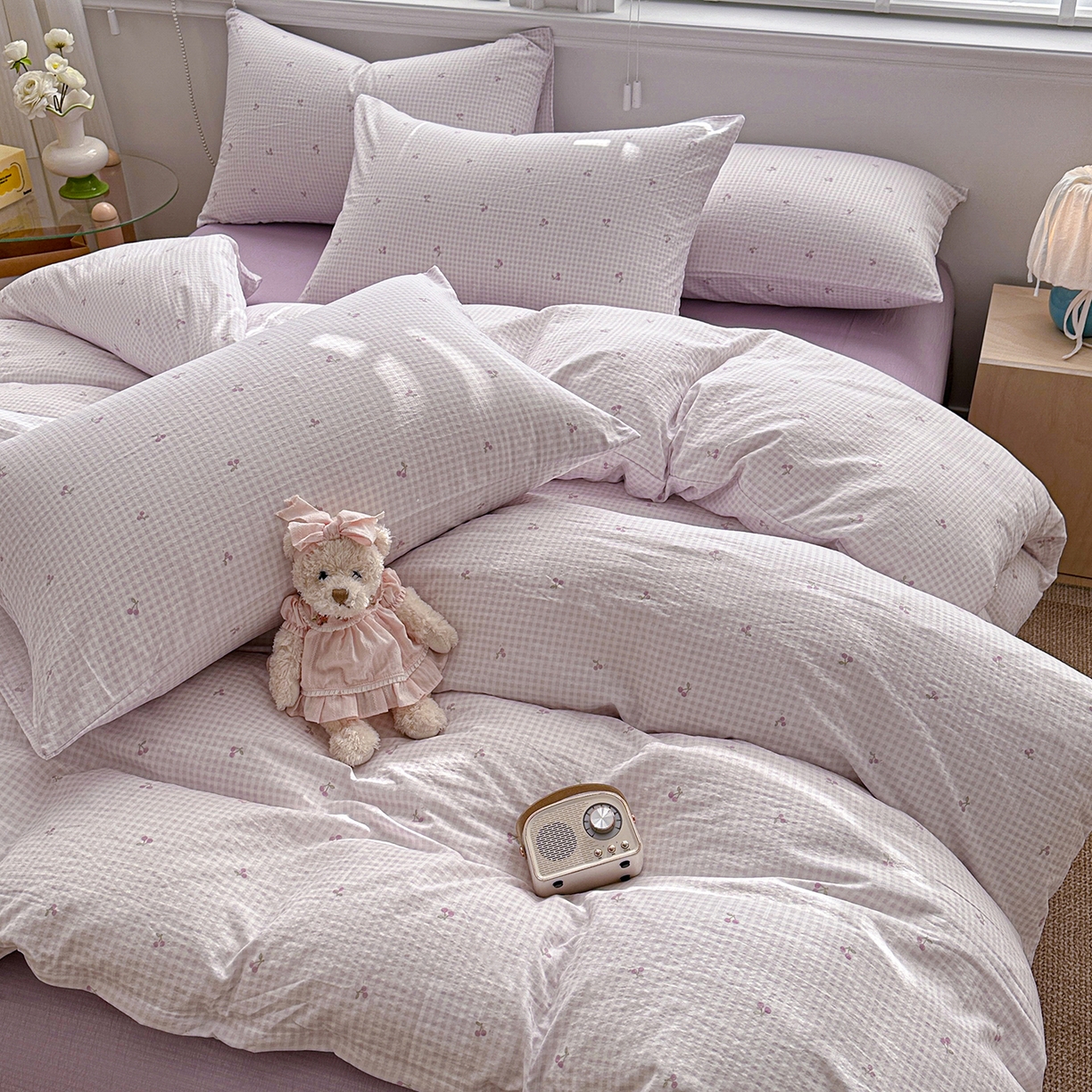 91家纺网 家纺一手货源 找家纺 多品家纺 2026新款奶呼呼超柔云感双层纱系列四件套 樱桃紫