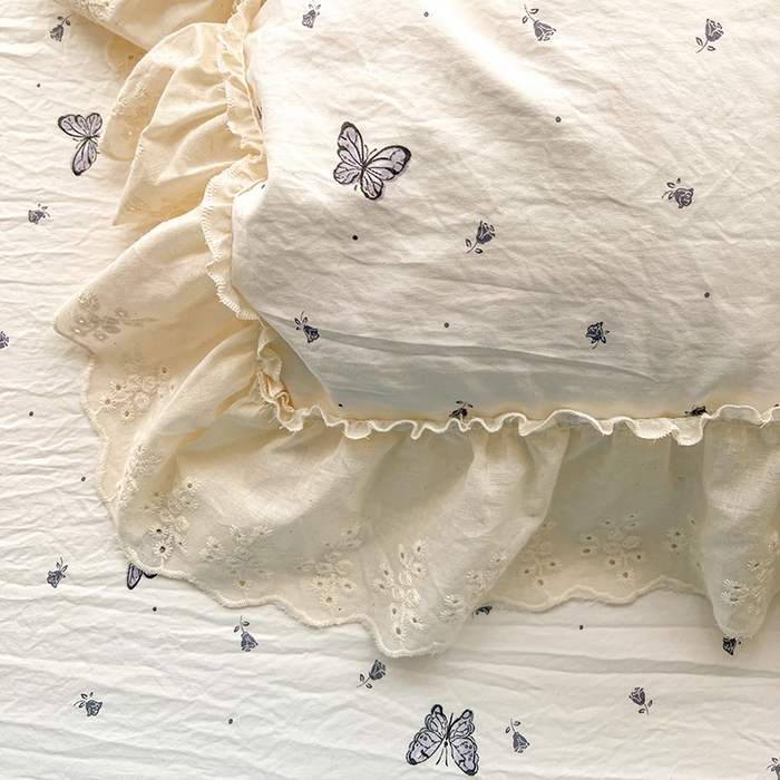 91家纺网 家纺一手货源 找家纺 韩秀家纺 2026新款古法水洗棉法式蕾丝纯棉大花边仿棉四件套 蝶舞翩翩