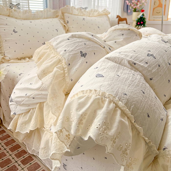 韩秀家纺 2026新款古法水洗棉法式蕾丝纯棉大花边仿棉四件套 蝶舞翩翩