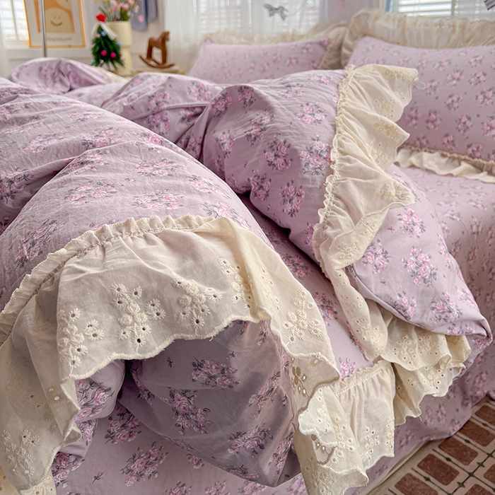 91家纺网 家纺一手货源 找家纺 韩秀家纺 2026新款古法水洗棉法式蕾丝纯棉大花边仿棉四件套 花未央