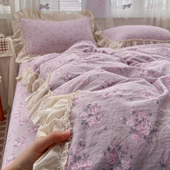 91家纺网 家纺一手货源 找家纺 韩秀家纺 2026新款古法水洗棉法式蕾丝纯棉大花边仿棉四件套 花未央