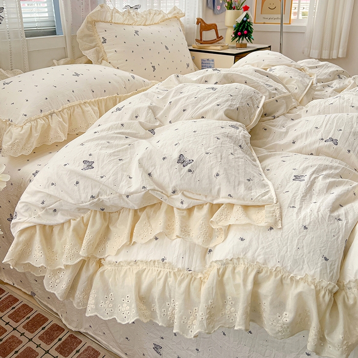 91家纺网 家纺一手货源 找家纺 韩秀家纺 2026新款古法水洗棉法式蕾丝纯棉大花边仿棉四件套 蝶舞翩翩