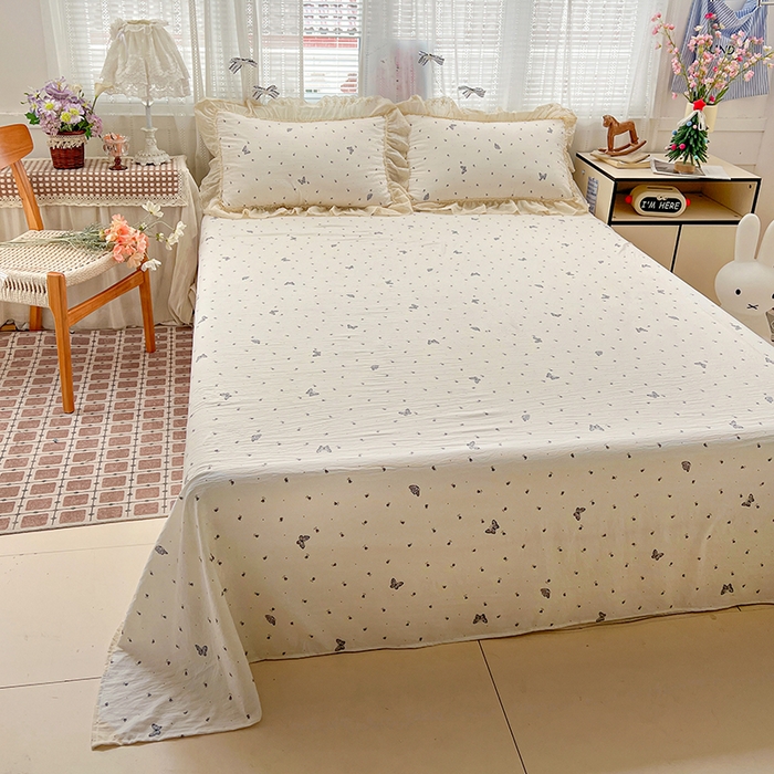 91家纺网 家纺一手货源 找家纺 韩秀家纺 2026新款古法水洗棉法式蕾丝纯棉大花边仿棉四件套 蝶舞翩翩