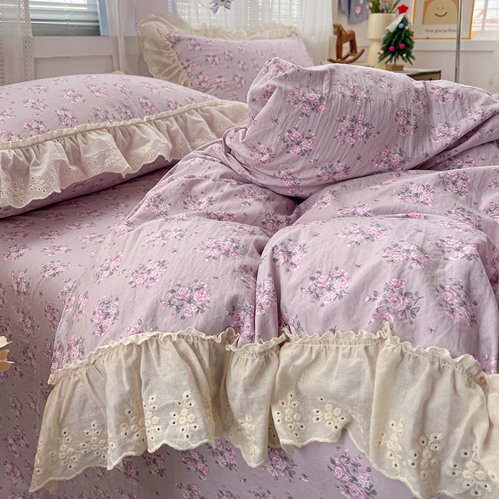 91家纺网 家纺一手货源 找家纺 韩秀家纺 2026新款古法水洗棉法式蕾丝纯棉大花边仿棉四件套 花未央