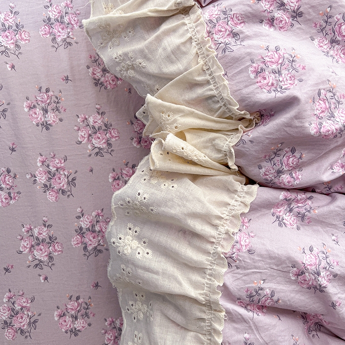 91家纺网 家纺一手货源 找家纺 韩秀家纺 2026新款古法水洗棉法式蕾丝纯棉大花边仿棉四件套 花未央