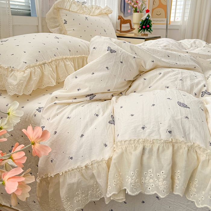 91家纺网 家纺一手货源 找家纺 韩秀家纺 2026新款古法水洗棉法式蕾丝纯棉大花边仿棉四件套 蝶舞翩翩