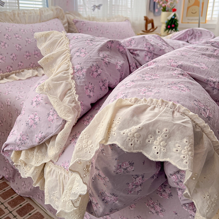 韩秀家纺 2026新款古法水洗棉法式蕾丝纯棉大花边仿棉四件套 花未央