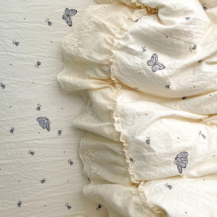 91家纺网 家纺一手货源 找家纺 韩秀家纺 2026新款古法水洗棉法式蕾丝纯棉大花边仿棉四件套 蝶舞翩翩