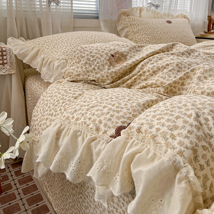 91家纺网 家纺一手货源 找家纺 韩秀家纺 2026新款古法水洗棉法式蕾丝纯棉大花边仿棉四件套 童话