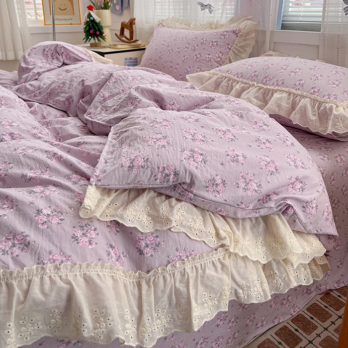 91家纺网 家纺一手货源 找家纺 韩秀家纺 2026新款古法水洗棉法式蕾丝纯棉大花边仿棉四件套 花未央