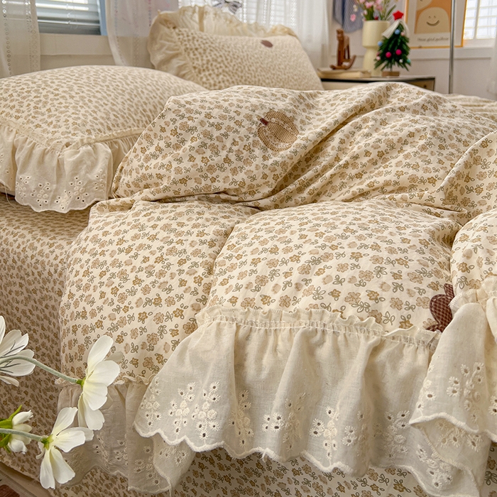 91家纺网 家纺一手货源 找家纺 韩秀家纺 2026新款古法水洗棉法式蕾丝纯棉大花边仿棉四件套 童话