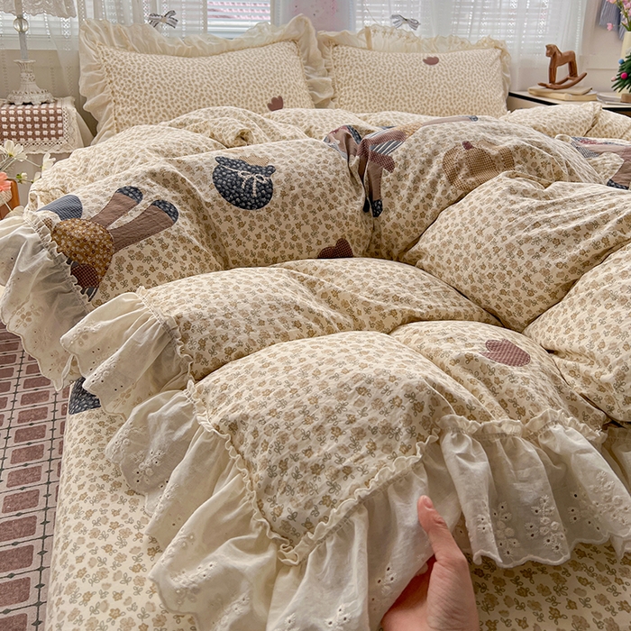 91家纺网 家纺一手货源 找家纺 韩秀家纺 2026新款古法水洗棉法式蕾丝纯棉大花边仿棉四件套 童话