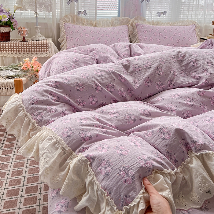 91家纺网 家纺一手货源 找家纺 韩秀家纺 2026新款古法水洗棉法式蕾丝纯棉大花边仿棉四件套 花未央