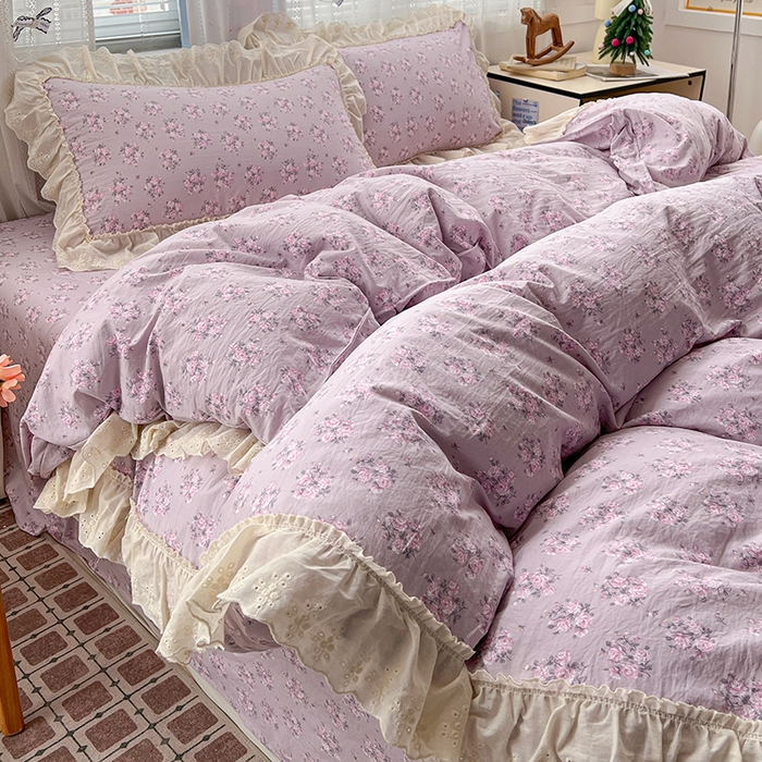 91家纺网 家纺一手货源 找家纺 韩秀家纺 2026新款古法水洗棉法式蕾丝纯棉大花边仿棉四件套 花未央