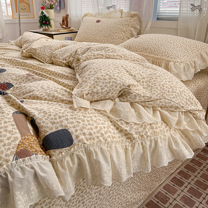 91家纺网 家纺一手货源 找家纺 韩秀家纺 2026新款古法水洗棉法式蕾丝纯棉大花边仿棉四件套 童话