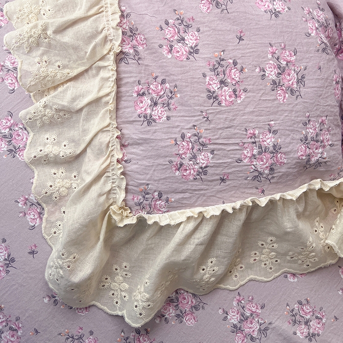 91家纺网 家纺一手货源 找家纺 韩秀家纺 2026新款古法水洗棉法式蕾丝纯棉大花边仿棉四件套 花未央