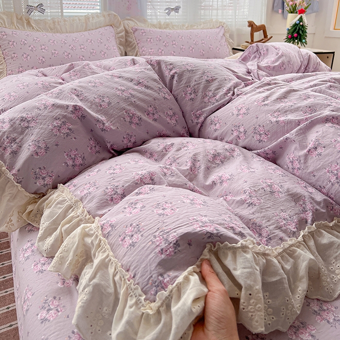 91家纺网 家纺一手货源 找家纺 韩秀家纺 2026新款古法水洗棉法式蕾丝纯棉大花边仿棉四件套 花未央