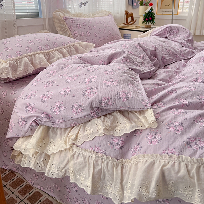 91家纺网 家纺一手货源 找家纺 韩秀家纺 2026新款古法水洗棉法式蕾丝纯棉大花边仿棉四件套 花未央