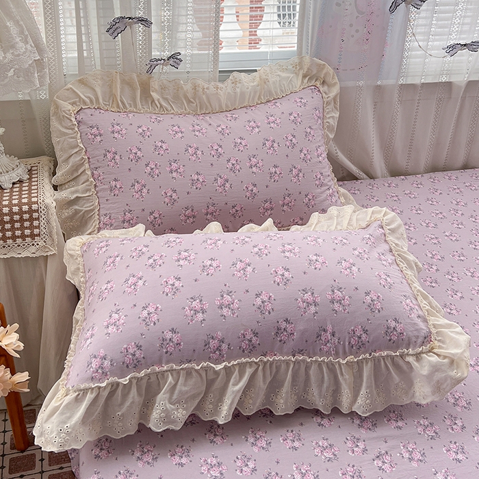 91家纺网 家纺一手货源 找家纺 韩秀家纺 2026新款古法水洗棉法式蕾丝纯棉大花边仿棉四件套 花未央