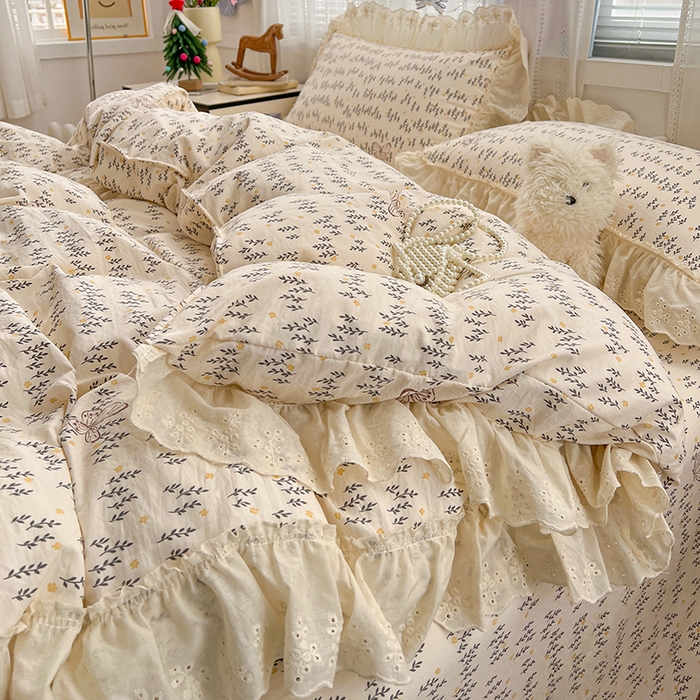 91家纺网 家纺一手货源 找家纺 韩秀家纺 2026新款古法水洗棉法式蕾丝纯棉大花边仿棉四件套 蝶恋花