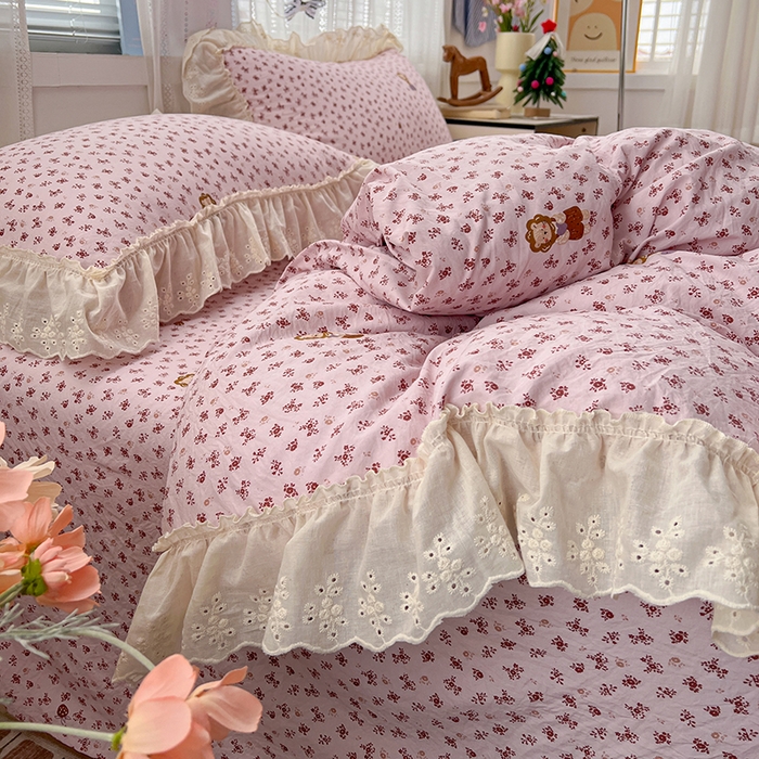 91家纺网 家纺一手货源 找家纺 韩秀家纺 2026新款古法水洗棉法式蕾丝纯棉大花边仿棉四件套 甜蜜约会