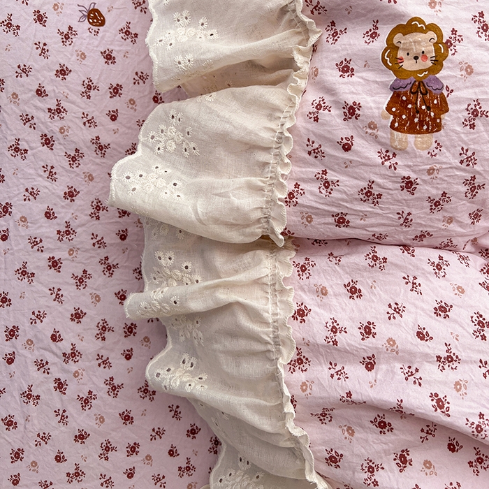 91家纺网 家纺一手货源 找家纺 韩秀家纺 2026新款古法水洗棉法式蕾丝纯棉大花边仿棉四件套 甜蜜约会