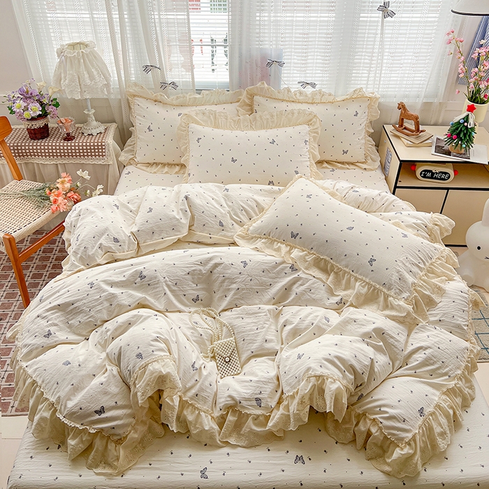 91家纺网 家纺一手货源 找家纺 韩秀家纺 2026新款古法水洗棉法式蕾丝纯棉大花边仿棉四件套 蝶舞翩翩