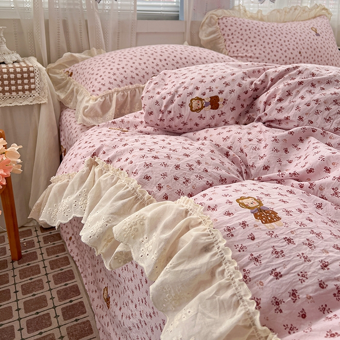 91家纺网 家纺一手货源 找家纺 韩秀家纺 2026新款古法水洗棉法式蕾丝纯棉大花边仿棉四件套 甜蜜约会