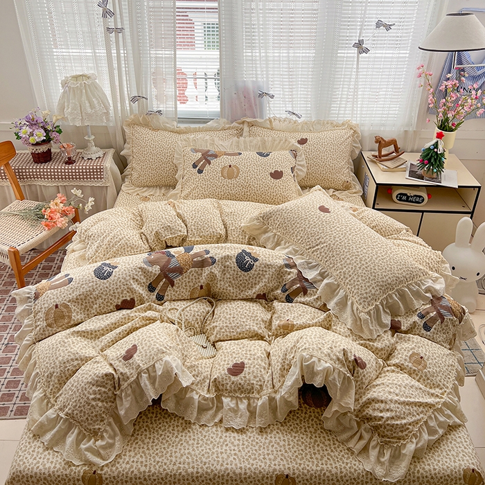 91家纺网 家纺一手货源 找家纺 韩秀家纺 2026新款古法水洗棉法式蕾丝纯棉大花边仿棉四件套 童话