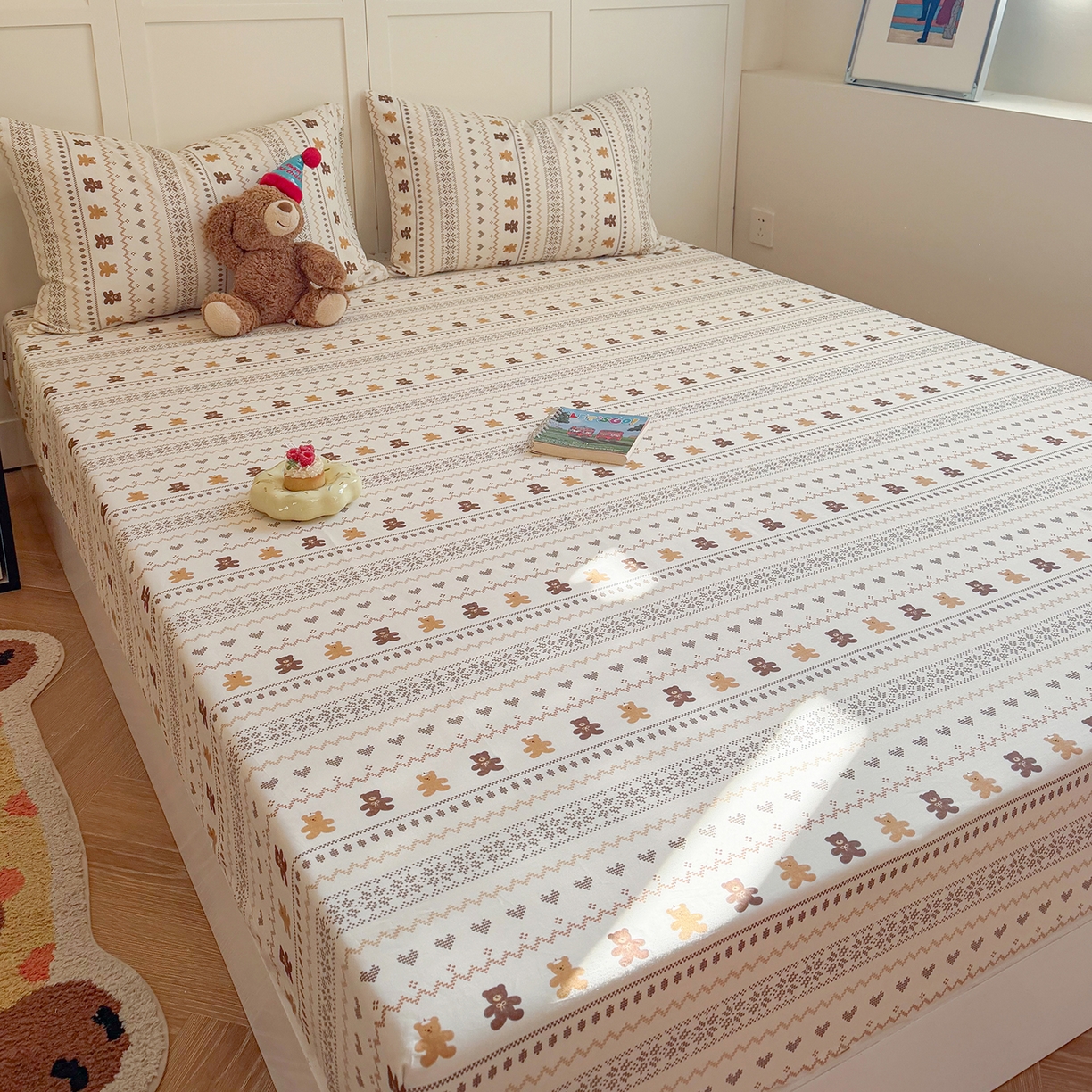 91家纺网 家纺一手货源 找家纺 麦伦家居 2026新款卡通小清新全棉纯棉单床单床笠床单床笠单件单品床单床笠 费尔岛小熊