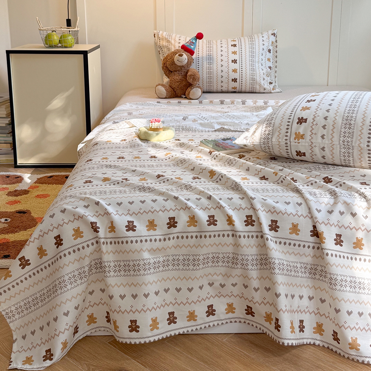 91家纺网 家纺一手货源 找家纺 麦伦家居 2026新款卡通小清新全棉纯棉单床单床笠床单床笠单件单品床单床笠 费尔岛小熊