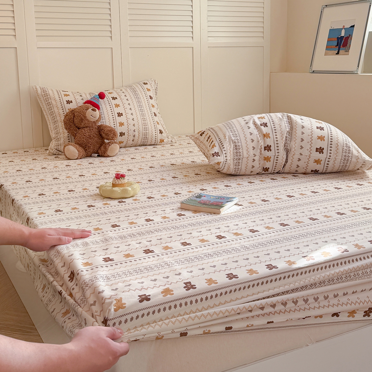 91家纺网 家纺一手货源 找家纺 麦伦家居 2026新款卡通小清新全棉纯棉单床单床笠床单床笠单件单品床单床笠 费尔岛小熊