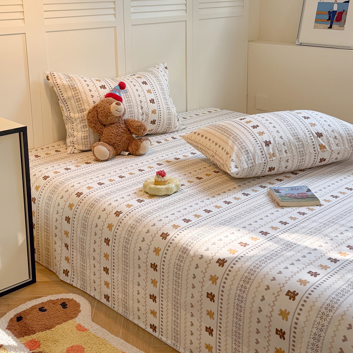 91家纺网 家纺一手货源 找家纺 麦伦家居 2026新款卡通小清新全棉纯棉单床单床笠床单床笠单件单品床单床笠 费尔岛小熊