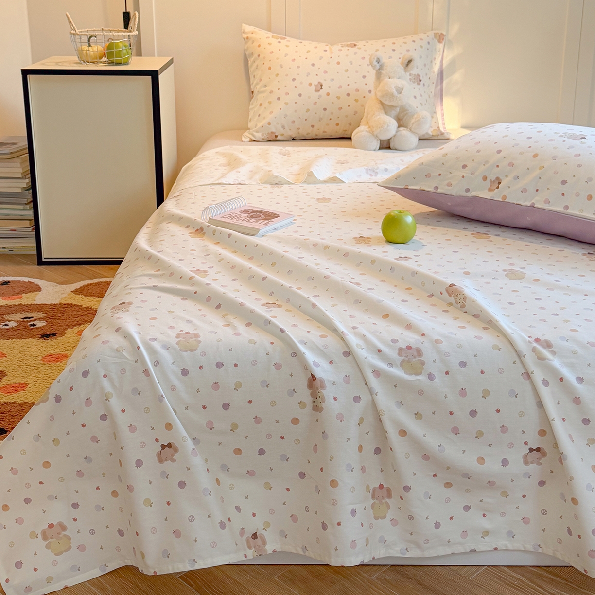 91家纺网 家纺一手货源 找家纺 麦伦家居 2026新款卡通小清新全棉纯棉单床单床笠床单床笠单件单品床单床笠 果子象