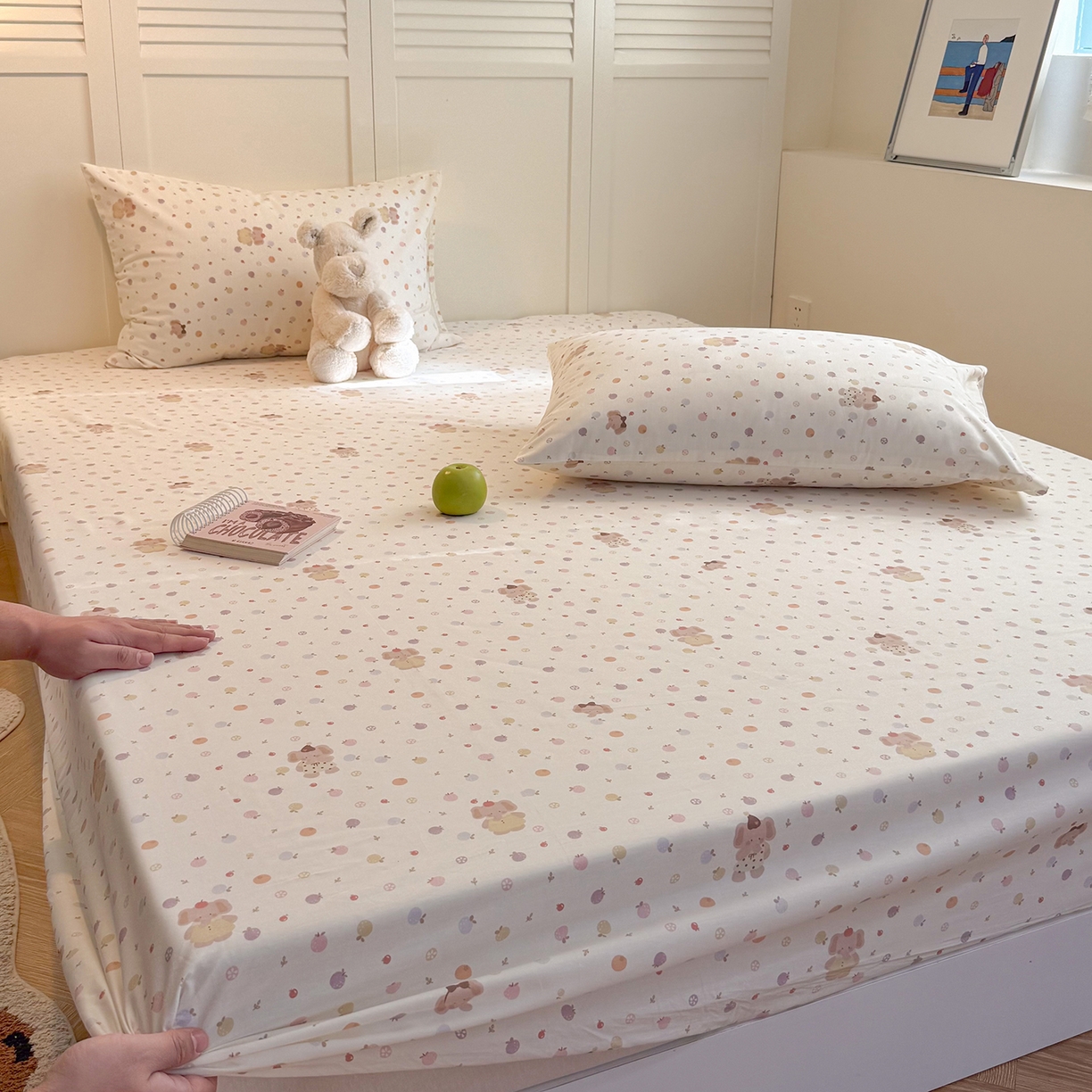 91家纺网 家纺一手货源 找家纺 麦伦家居 2026新款卡通小清新全棉纯棉单床单床笠床单床笠单件单品床单床笠 果子象