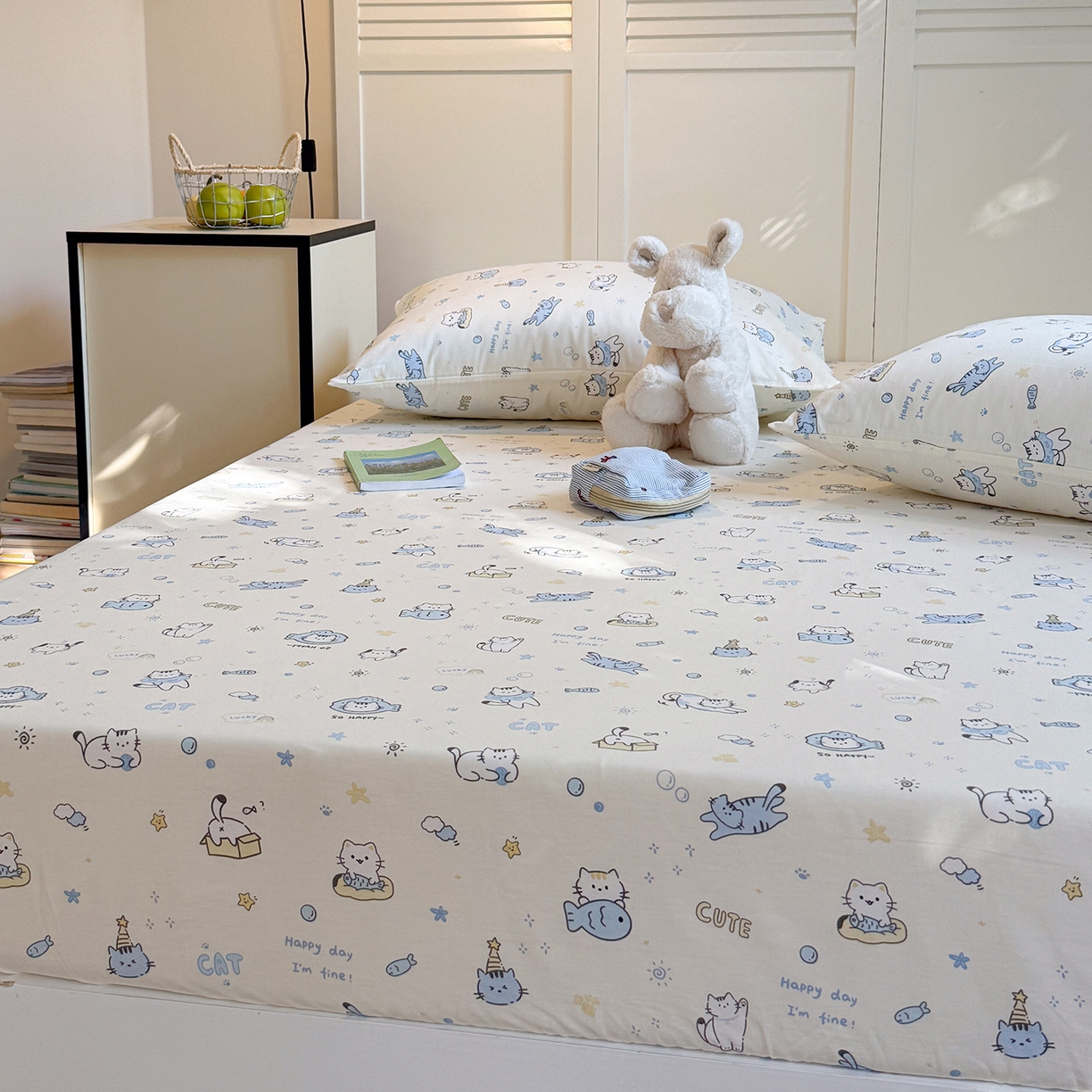 91家纺网 家纺一手货源 找家纺 麦伦家居 2026新款卡通小清新全棉纯棉单床单床笠床单床笠单件单品床单床笠 机灵猫
