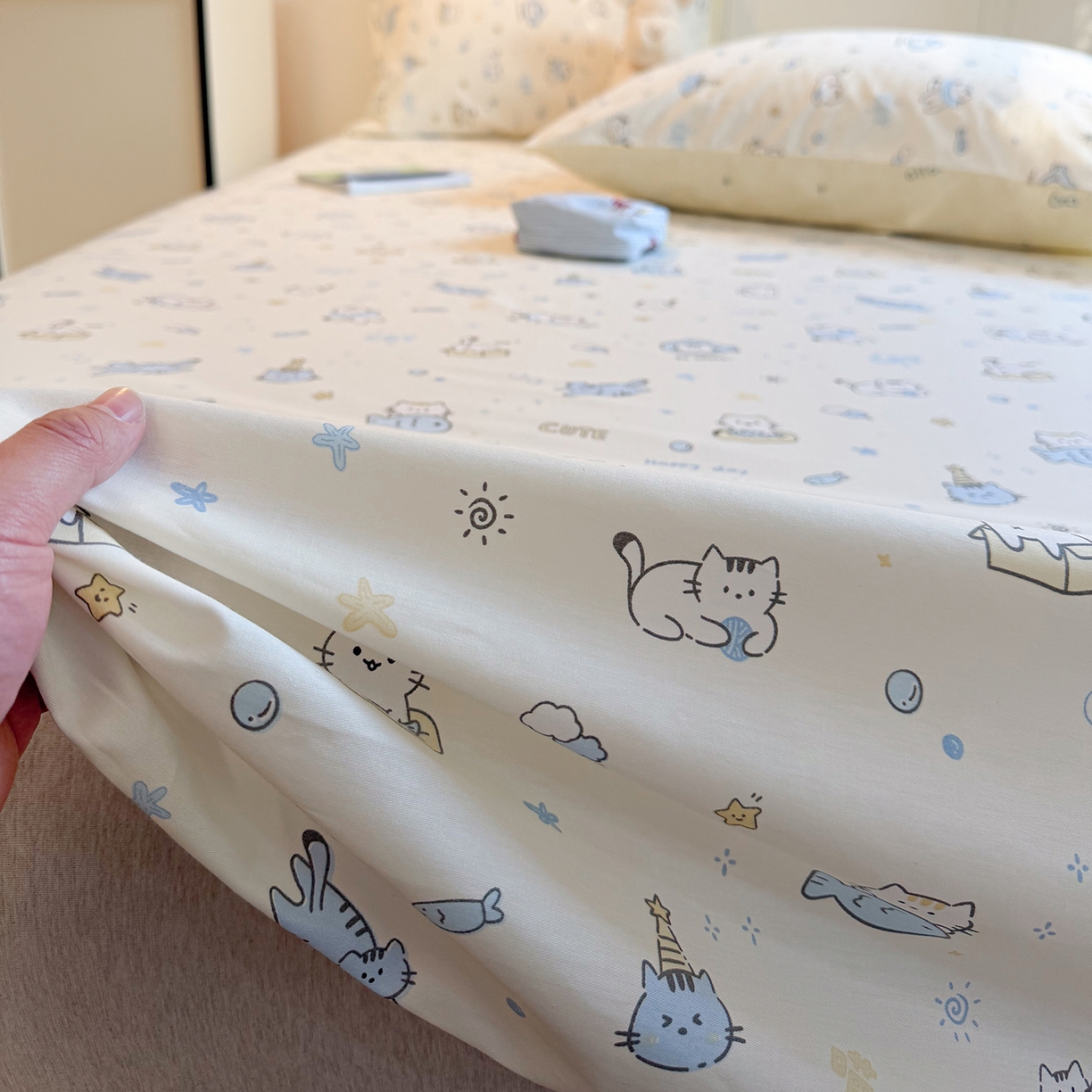 麦伦家居 2026新款卡通小清新全棉纯棉单床单床笠床单床笠单件单品床单床笠 机灵猫