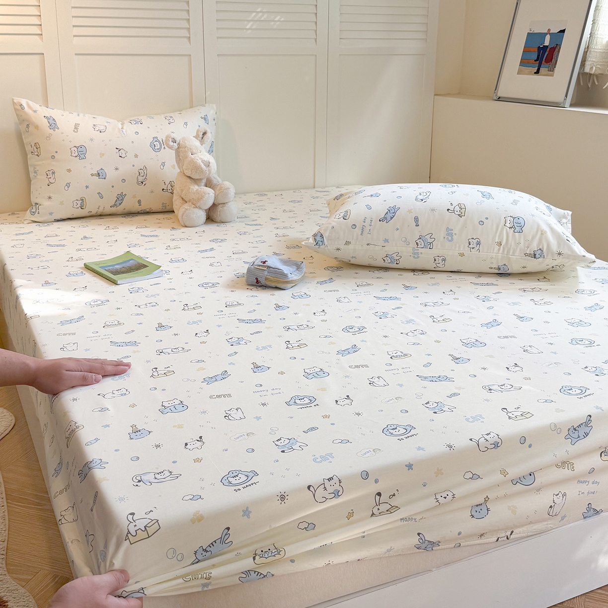 91家纺网 家纺一手货源 找家纺 麦伦家居 2026新款卡通小清新全棉纯棉单床单床笠床单床笠单件单品床单床笠 机灵猫