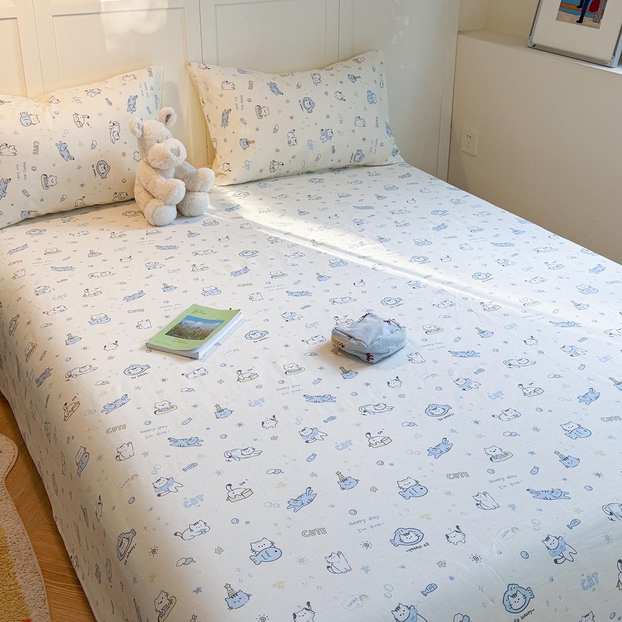 91家纺网 家纺一手货源 找家纺 麦伦家居 2026新款卡通小清新全棉纯棉单床单床笠床单床笠单件单品床单床笠 机灵猫