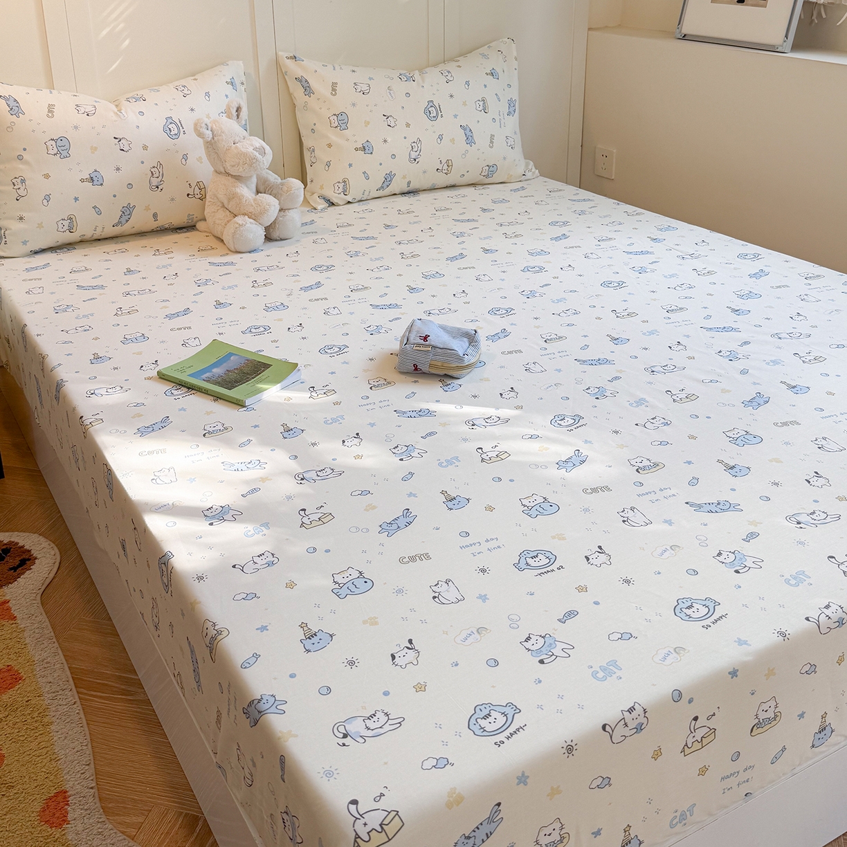 91家纺网 家纺一手货源 找家纺 麦伦家居 2026新款卡通小清新全棉纯棉单床单床笠床单床笠单件单品床单床笠 机灵猫